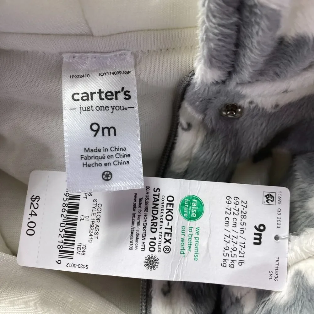 New Carter's Polar Bear Hooded Gray Winter One Piece Suit Baby Size 9 Months